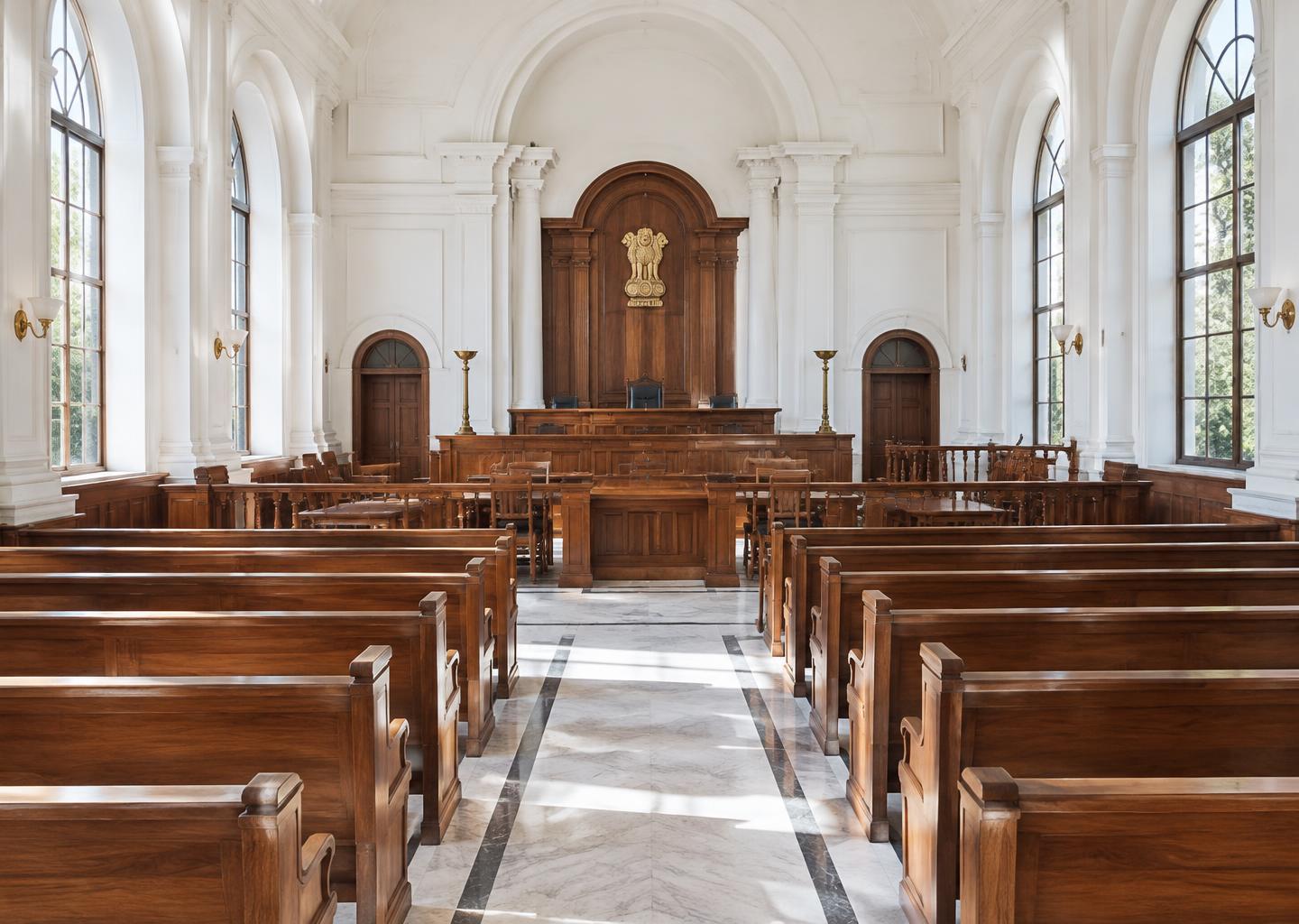 Illustrative sunlit courtroom with timber benches